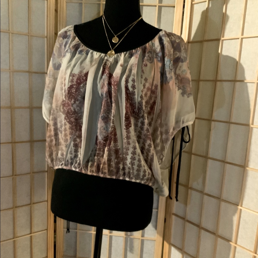 Pretty Good  - Tan/ with multi color design Sheer crop top. Sz S
